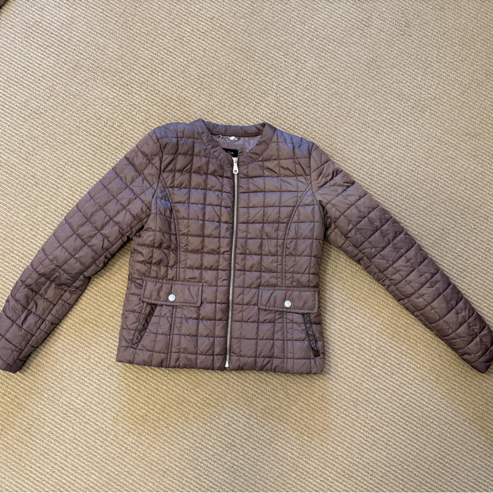 Massimo Dutti Quilted Brown w Faux Leather Trim Gold Button Details Jacket M